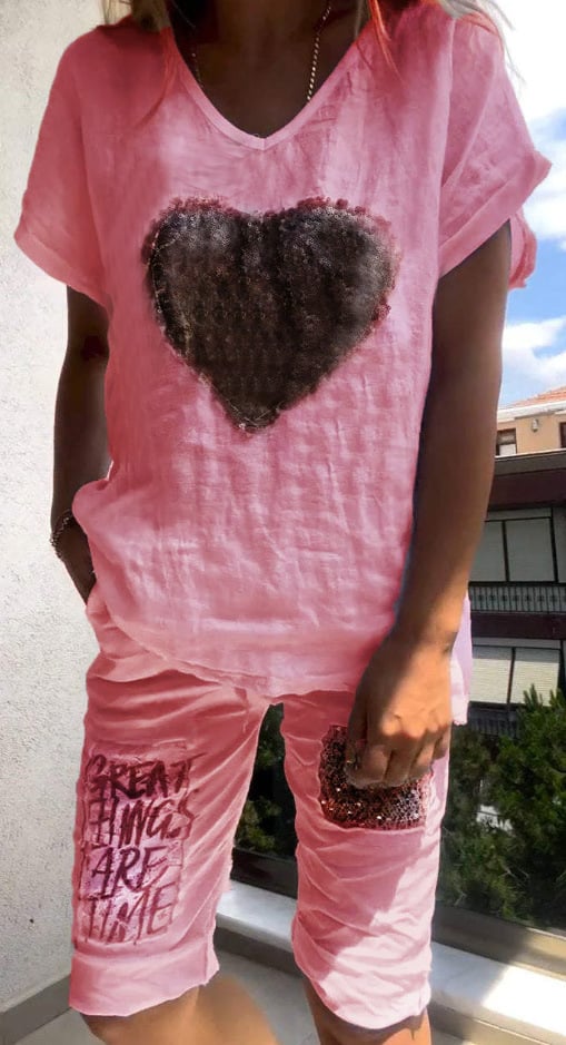 Celeste | Heart Print Casual Shorts Set