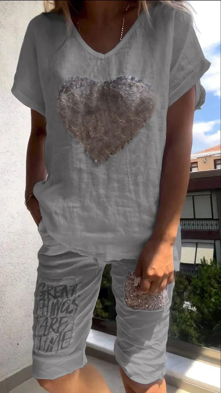 Celeste | Heart Print Casual Shorts Set