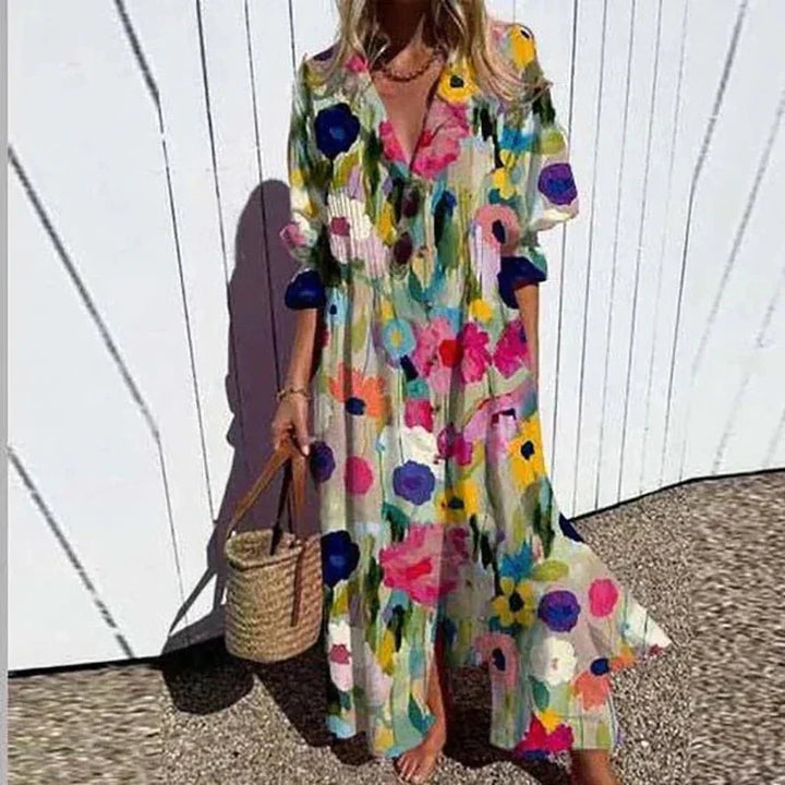 Celia | Button-Front Tropical Maxi Dress