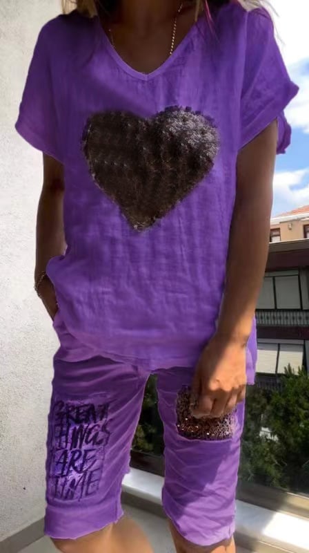 Celeste | Heart Print Casual Shorts Set