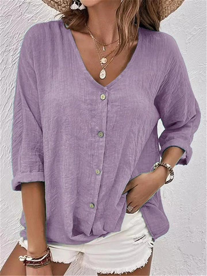 Lunara | Button-Front V-Neck Relaxed Blouse
