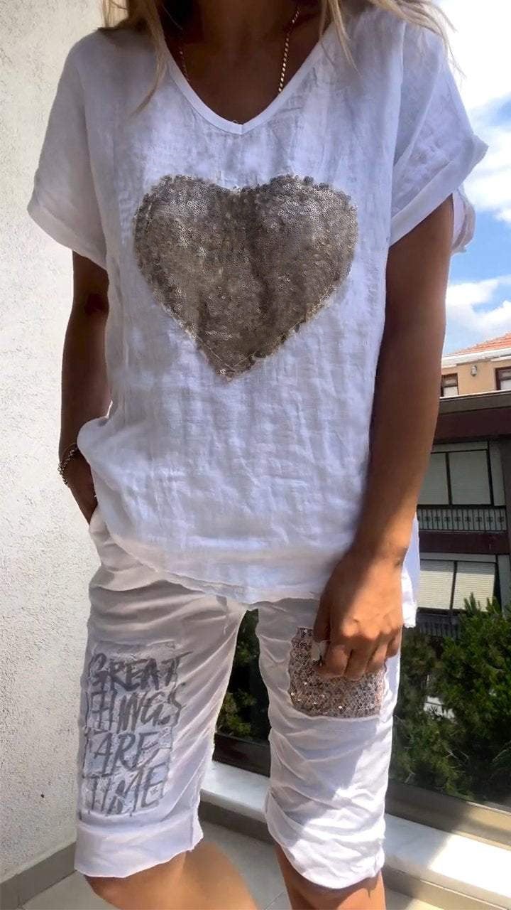 Celeste | Heart Print Casual Shorts Set