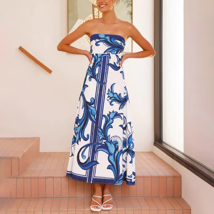 Thalina | Elegant Printed Strapless Dress