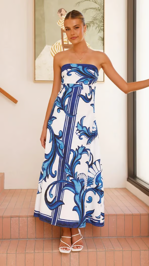 Thalina | Elegant Printed Strapless Dress