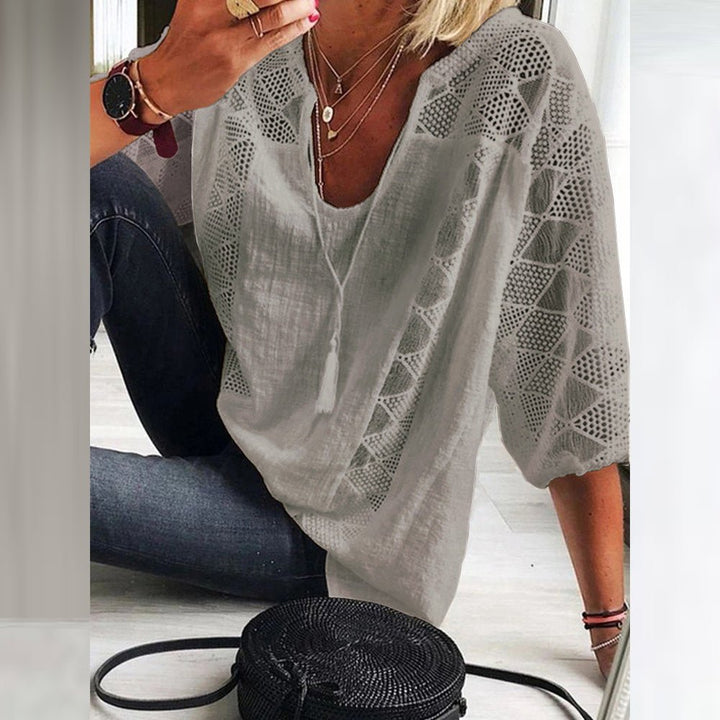 Marisse | Geometric Lace Panel V-Neck Blouse