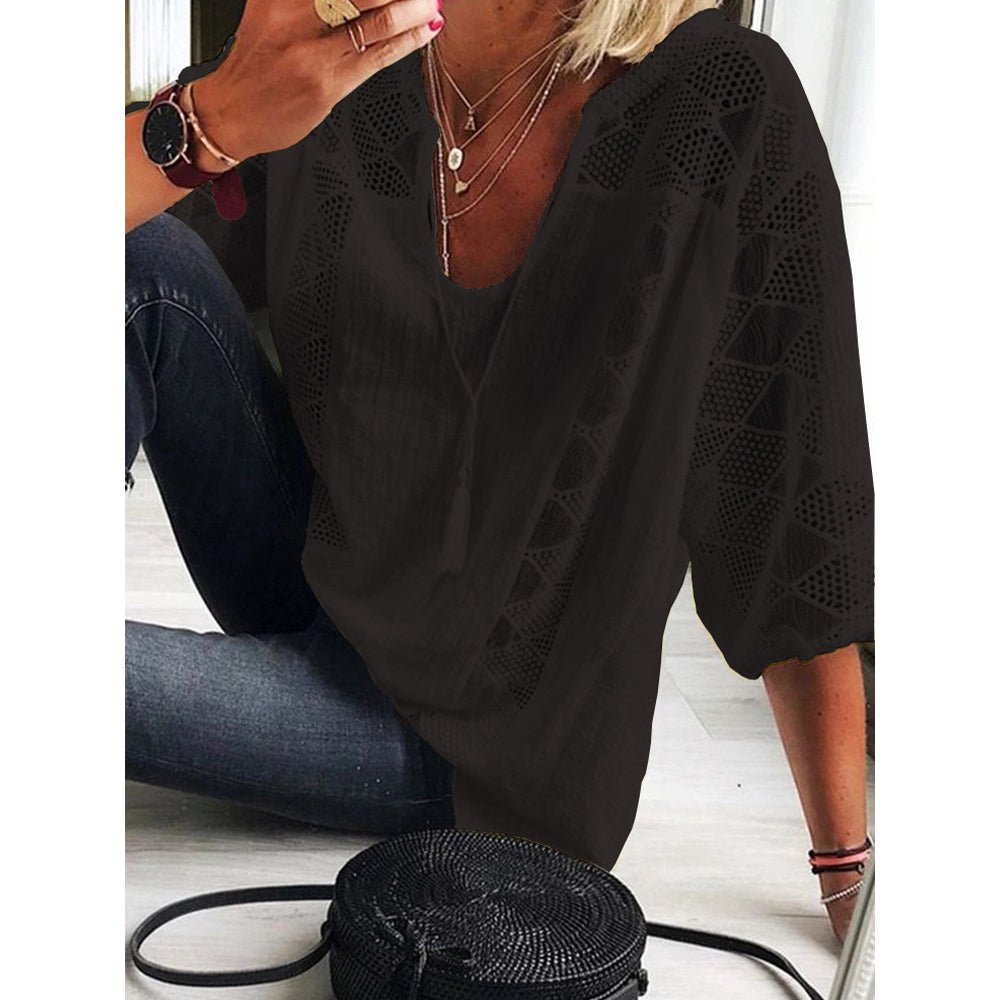Marisse | Geometric Lace Panel V-Neck Blouse