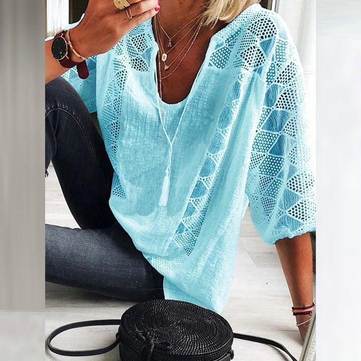 Marisse | Geometric Lace Panel V-Neck Blouse