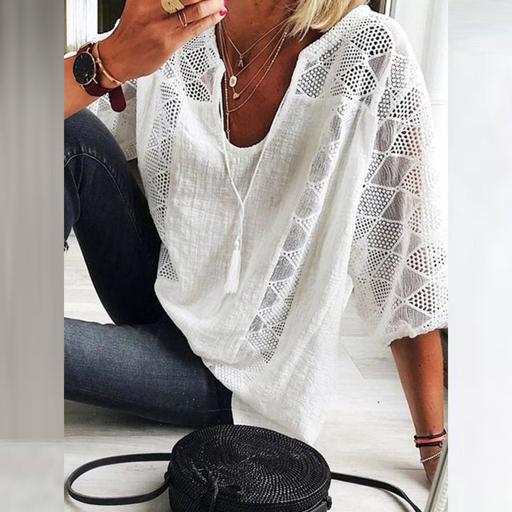 Marisse | Geometric Lace Panel V-Neck Blouse